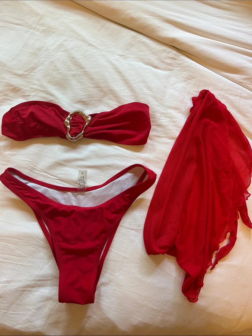 Zaful Red Bandeau Bikini Set with Gold Accent and Matching Sarong